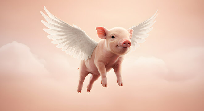 Flying pig with white wings in a soft sky