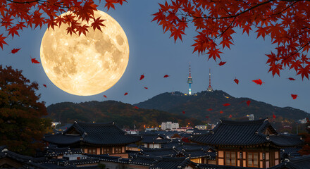 Full moon over traditional korean village and namsan tower