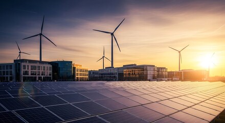 Renewable Energy Source Wind Turbines and Solar Panels Producing Clean Power at Sunset