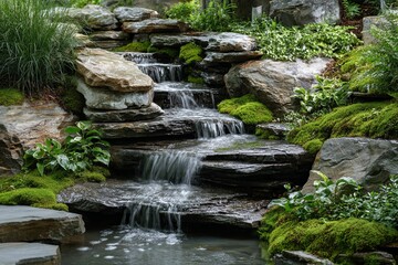 Fototapeta premium Tiered cascade flows over layered natural stone formations surrounded by lush green vegetation.