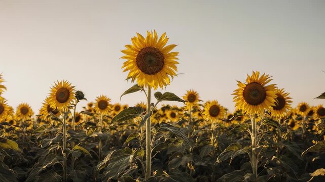 Radiant Sunflower Field Bathed in Golden Hour Light with a Prominent Bloom
