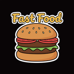 Fast Food Burger Sticker Design Illustration with Yellow Text for Quick Meals, Takeout, Restaurants, and Delicious Junk Food Concepts