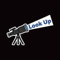 Look Up Telescope Sticker Design Illustration with Blue Text and Light Beam for Astronomy, Discovery, Education, and Science Concepts
