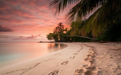 Serene Beach Sunset with Palm Trees and Footprints in Sand.