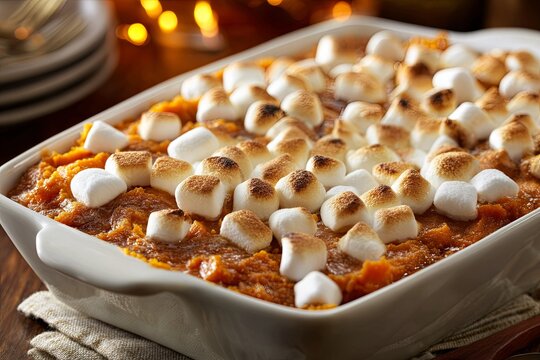 Rich orange casserole topped with toasted white confectionery pieces in a baking dish