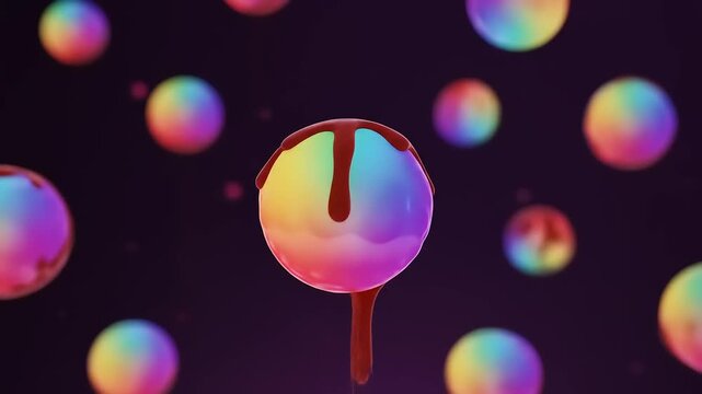Colorful Rainbow Orbs with Dripping Red Liquid on a Dark Background Animation
