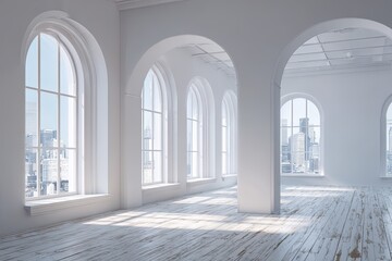 Bright interior loft space features arched windows revealing a metropolitan cityscape view