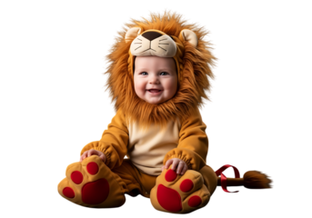 Adorable Baby in Lion Costume Smiling Brightly on a Dark Background
