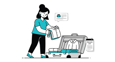Illustration of a Woman Organizing Clothes and Packing a Suitcase for a Trip Using a Packing List