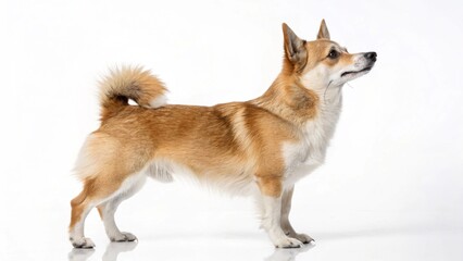 Photorealistic studio portrait of a unique Norwegian Lundehund dog showcasing its six-toed paws, isolated on white.