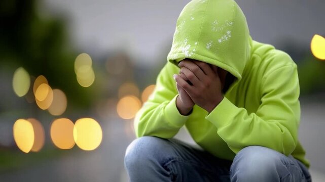 Solitude in Overcast: A lone figure sits in contemplation, concealing his face within the hood of his attire, with the backdrop softened by the bokeh effect.