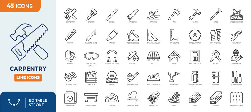Minimalist Carpentry outine icons set with editable stroke. Containing Carpentry, handyman, tools and more. thin linear illustration.