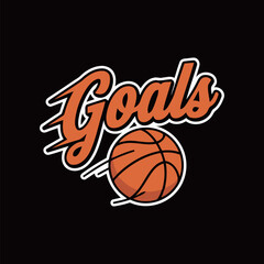 Energetic cartoon basketball with scripted 'Goals' text sticker, a dynamic graphic for sports themes, motivation, and achieving objectives in athletic design. © cheng