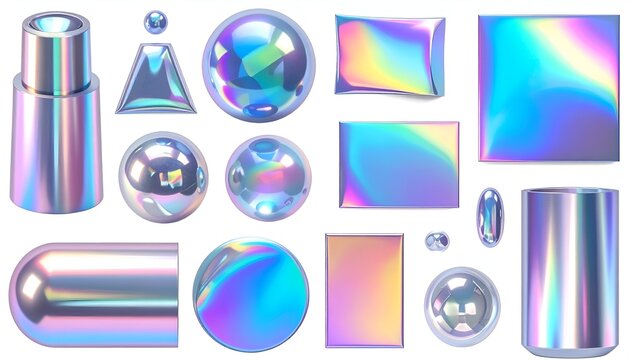 A collection of polished geometric shapes, rendered with iridescent, multicolored reflections