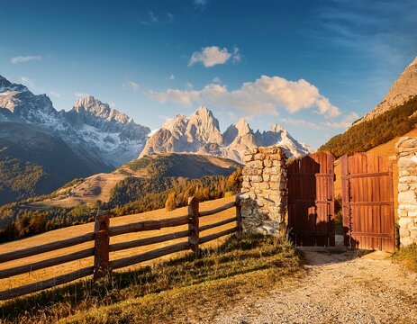 majestic alpine landscape with towering peaks ancient fortress walls and rustic timber gate in golden light