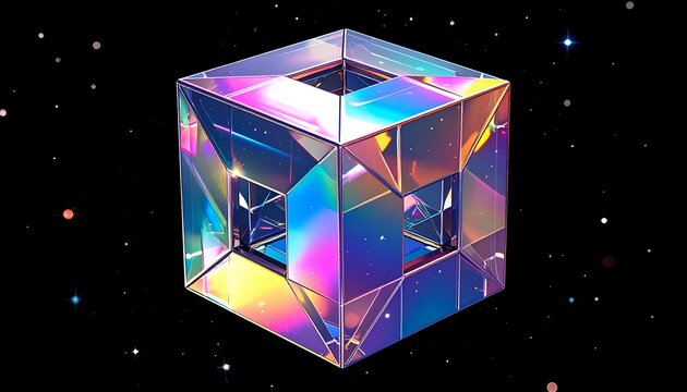 A holographic, geometric cube with internal structures floats against a starry black background