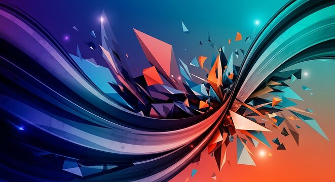 Dynamic abstract wave with colorful geometric shards exploding - Powered by Adobe