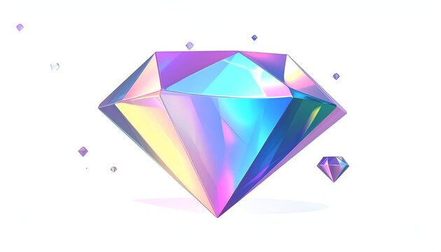 A large, iridescent gemstone with smaller floating gems on a white background