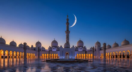 Sheikh Zayed Mosque at Night with Crescent Moon.