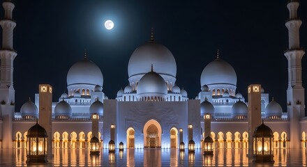 Sheikh Zayed Mosque at Night with Full Moon, Abu Dhabi.