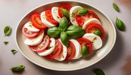 overhead shot of a vibrant caprese salad tomatoes mozzarella and basil arranged artfully