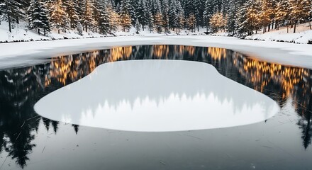 Serene winter lake reflects snow-covered trees and golden light