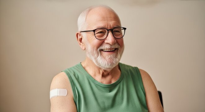 Elderly Man Smiling After Receiving Vaccination Against Illnesses Showing Bandage on Arm