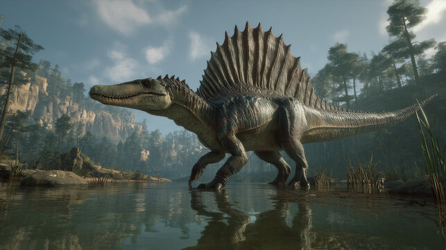 AI-generated image - A realistic Spinosaurus walking through a shallow swamp, featuring detailed skin texture, a large sail on its back, and a natural prehistoric forest environment.