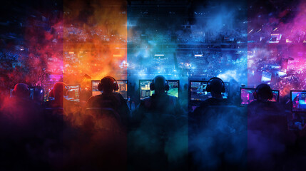 Fototapeta premium E Sports in Match, pro gamer team with male, wearing headphones, playing esports game on computer, global online streaming