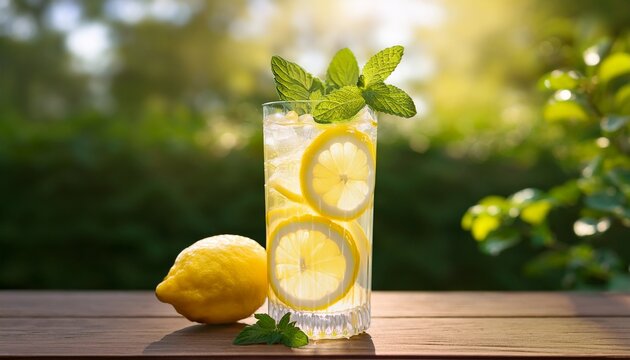 refreshing lemonade in a tall glass with ice and lemon slices garnished with mint sits on a wooden table outdoors