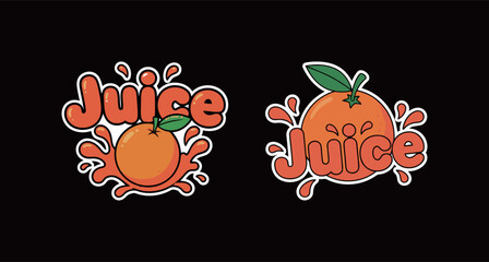 Fresh Orange Juice Splash Sticker Set - Two Cartoon Vector Illustrations of Oranges with Splashing Juice and Bold Typography, Perfect for Food and Drink Branding.
