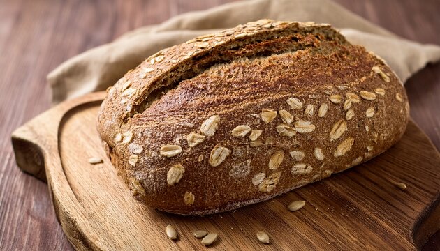 rustic loaf of multigrain bread on wooden board ready to be sliced - Powered by Adobe