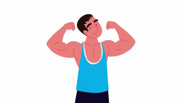 Muscular man flexing biceps in blue tank top on white background male