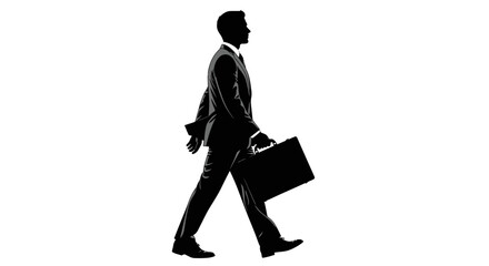 Silhouette of a professional man in a suit walking purposefully with a briefcase against a white background