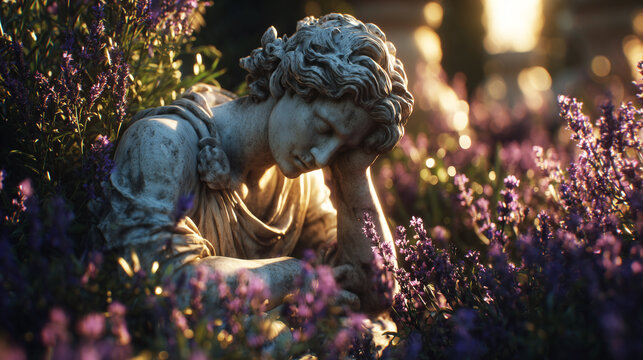 A marble statue among blooming lavender, bathed in soft sunset light, symbolizes peace and eternity.
