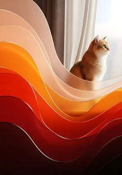 Ginger cat sitting by the window with flowing fabric