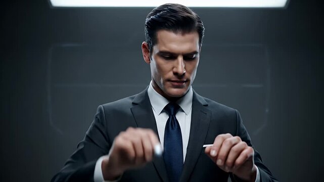 Businessman Interacting with Holographic File Folder on Gray Background Wearing Dark Suit and Blue Tie Under Overhead Lighting