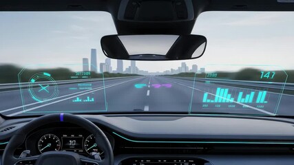 Futuristic car dashboard with augmented reality display showing speed and navigation on a highway - Powered by Adobe