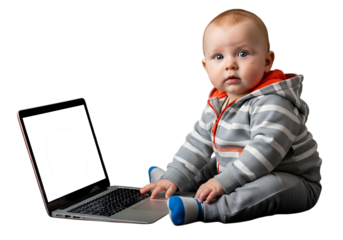 Baby using laptop exploring modern technology and early childhood development