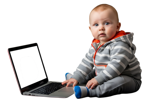 Baby using laptop exploring modern technology and early childhood development