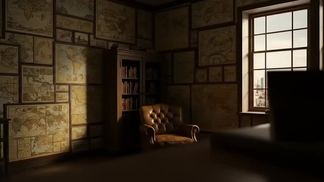 Cozy reading room with a leather armchair and vintage world map wallpaper interior