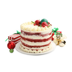 Delicious sponge cake with Christmas decor and red currants isolated on white