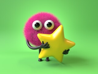 Fluffy, cute monster holding a star, symbolizing achievement or rating. 3D rendering, conceptual image. Isolated on white background.