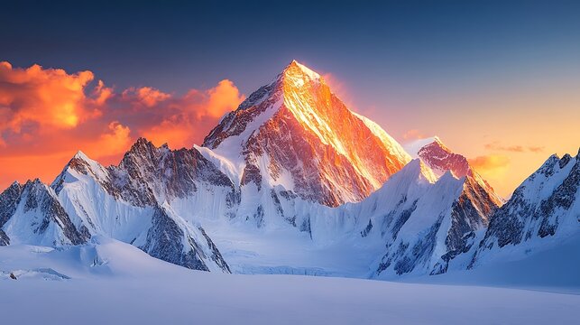 A majestic mountain range covered in snow with a vibrant sunset casting a warm glow on the peaks