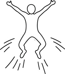 Jumping person line art, black and white illustration, dynamic pose with motion lines, minimalist sketch, energy, excitement, movement concept