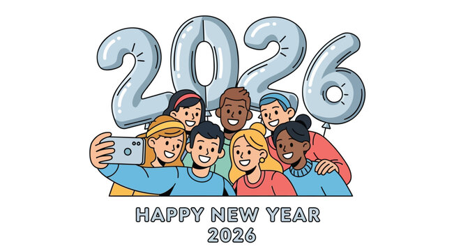 Diverse group of friends taking a selfie with large 2026 balloons celebrating the new year