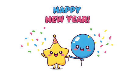 Obraz premium Cute kawaii star and balloon celebrate happy new year with confetti