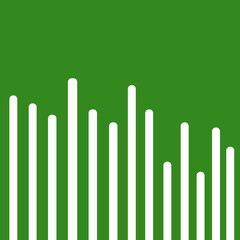 The image shows a series of vertical white bars of varying heights arranged closely together against a solid green background. The bars resemble a stylized bar chart, sound equalizer, or abstract city