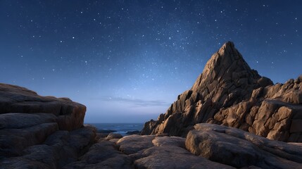 A dramatic rocky coastline beneath a vast star filled night sky over the ocean