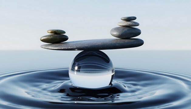 Perfectly balanced stones on a delicate glass sphere create a serene visual of equilibrium and harmony in tranquil water